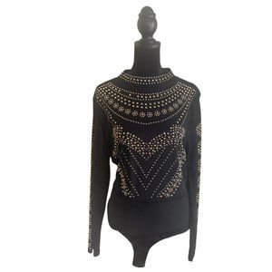 Silver Studded Rhinestones Long Sleeve Black Sheer Body Suit!